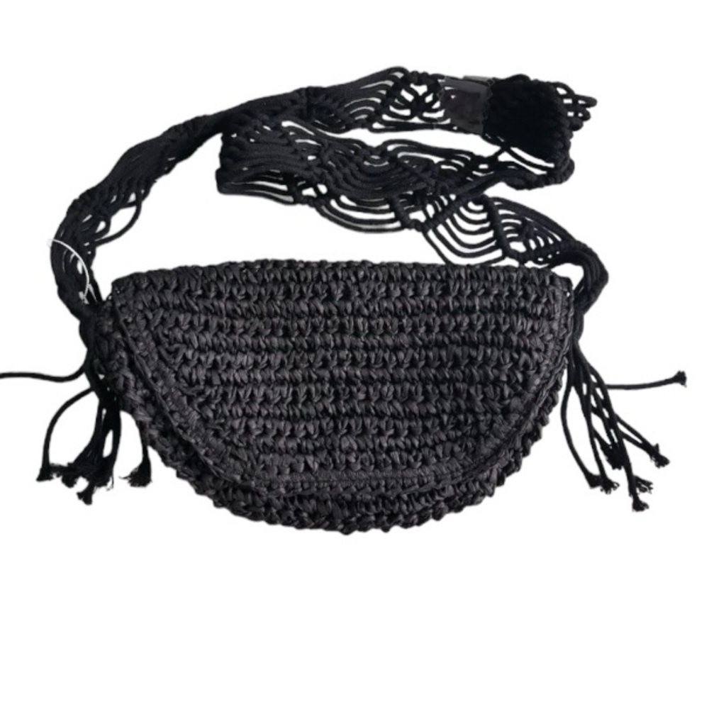 Primark Black Raffia Macrame Shoulder Strap Crossbody Bohemian Bag NWT